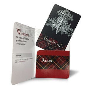 red and black card holder with custom hotel keycard